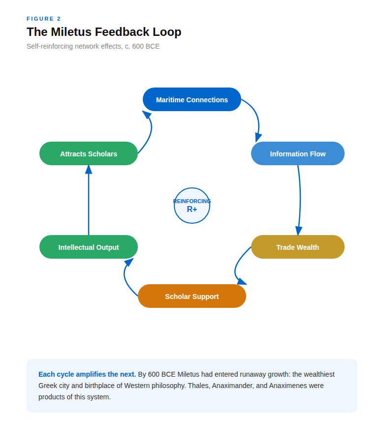 Figure 2: The Miletus Feedback Loop. Self-reinforcing network effects c. 600 BCE showing cycle of Maritime Connections leading to Information Flow, Trade Wealth, Scholar Support, Intellectual Output, and Attracts Scholars, feeding back to Maritime Connections.